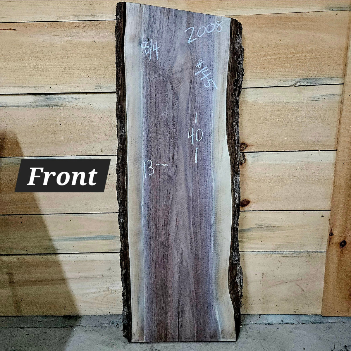 2008 Black Walnut live edge slab, 40 inches long by 13 inches wide by 8/4 inches thick