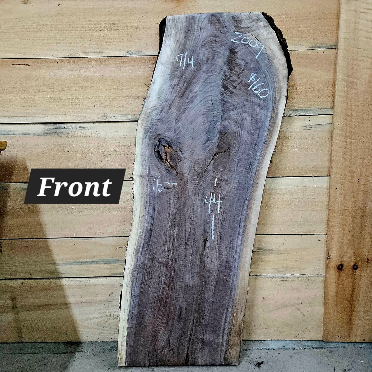 2009 Black Walnut live edge slab, 44 inches long by 16 inches wide by 7/4 inches thick