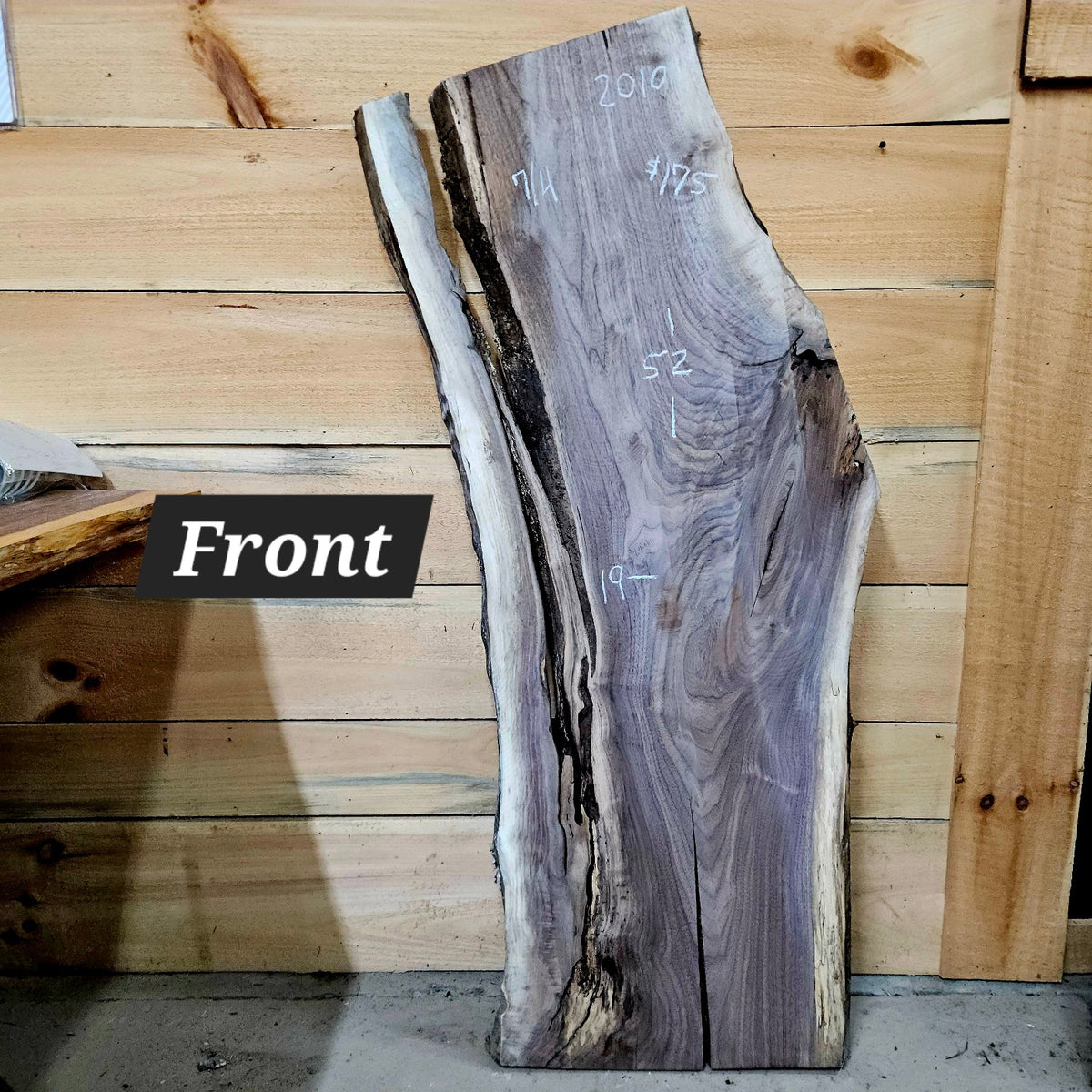 2010 Black Walnut live edge slab, 52 inches long by 19 inches wide by 7/4 inches thick