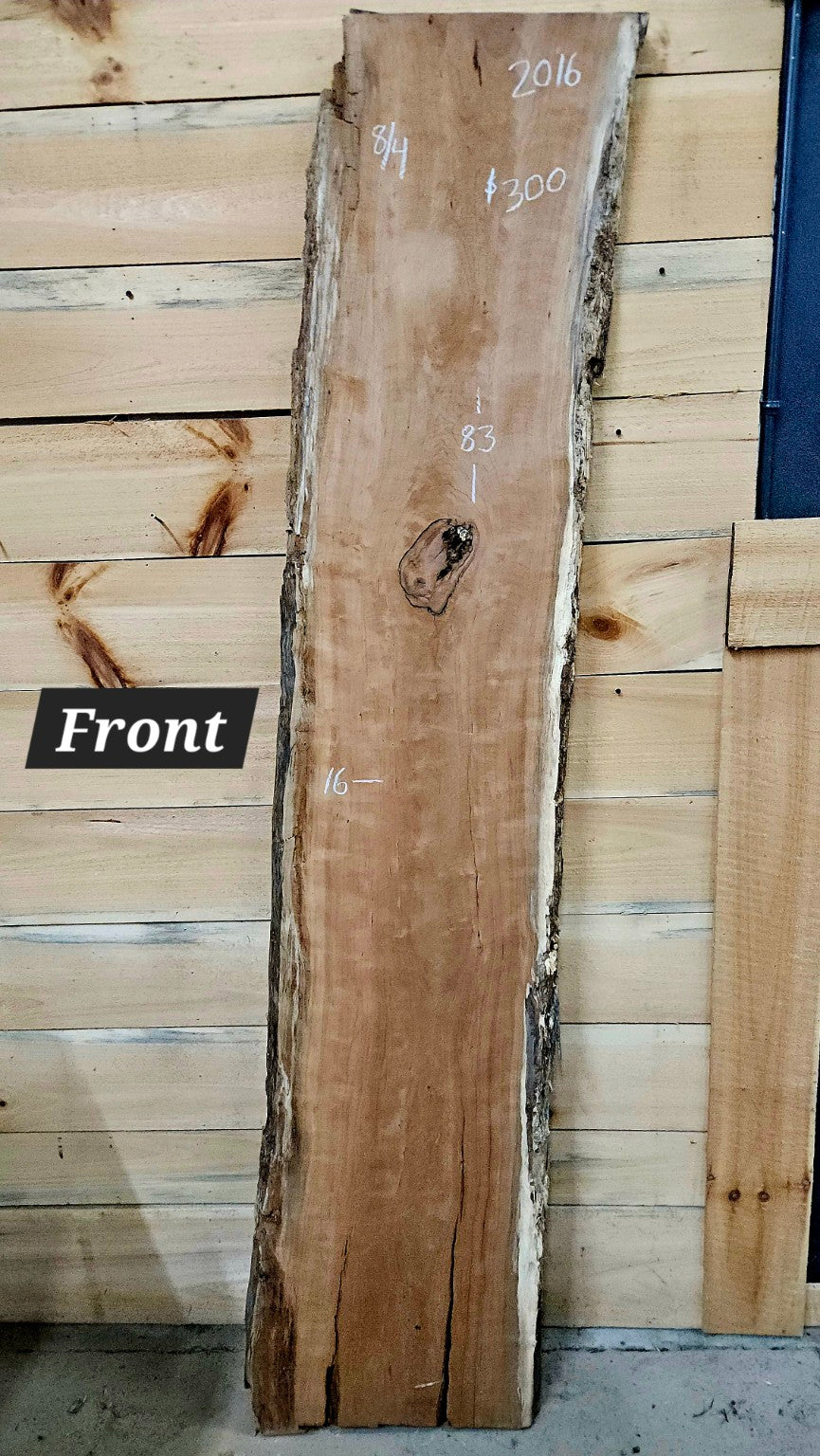 2016 Curly Cherry live edge slab, 83 inches long by 16 inches wide by 8/4 inches thick