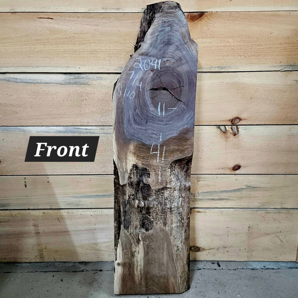 Walnut live edge slab 2041 front showing figured grain and natural knot cracks