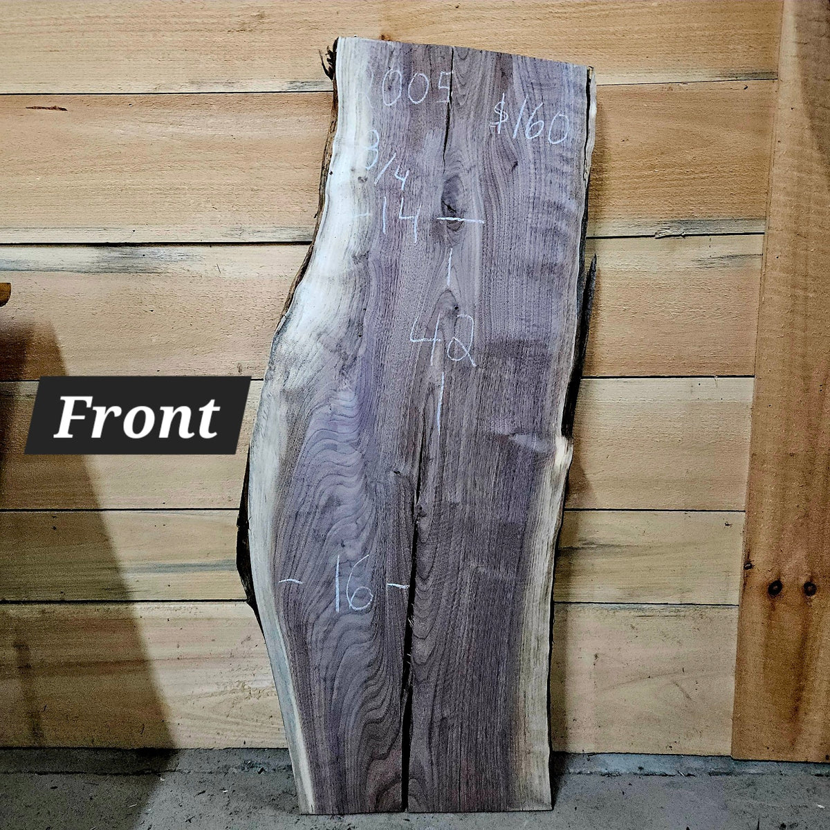 2005 Walnut live edge slab, 42 inches long by 16 inches wide by 8/4 inches thick