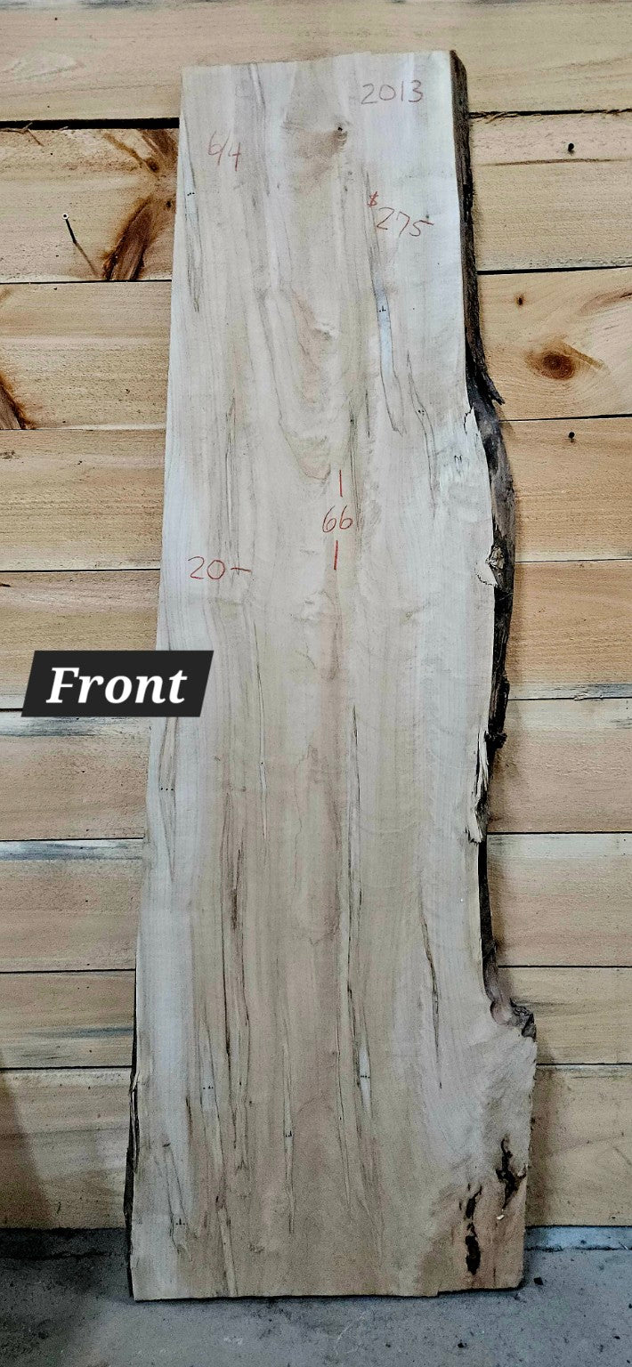 2013 Curly Ambrosia Maple live edge slab, 66 inches long by 20 inches wide by 6/4 inches thick