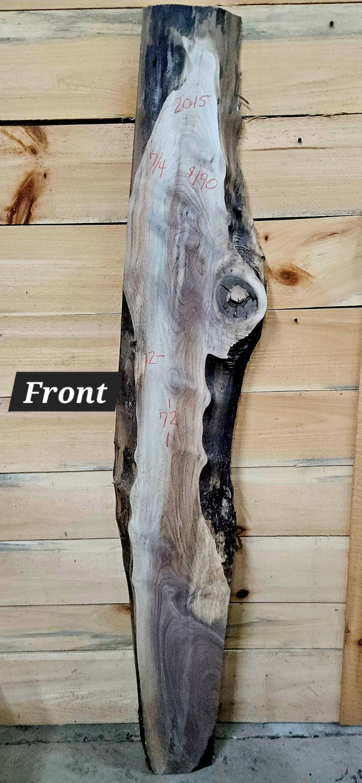 2015 Black Walnut live edge slab, 72 inches long by 12 inches wide by 7/4 inches thick