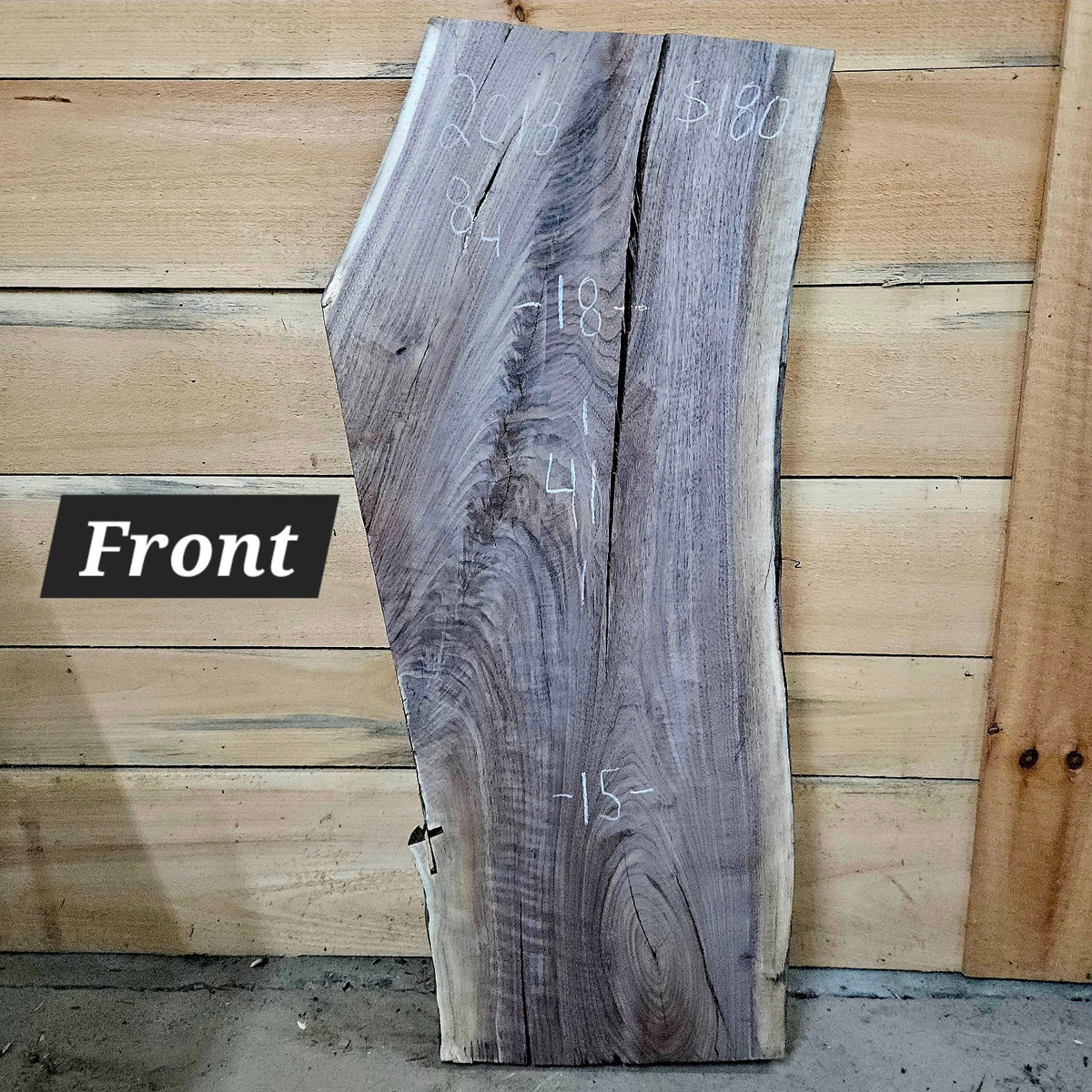 2018 Black Walnut live edge slab, 41 inches long by 15 to 18 inches wide by 8/4 inches thick