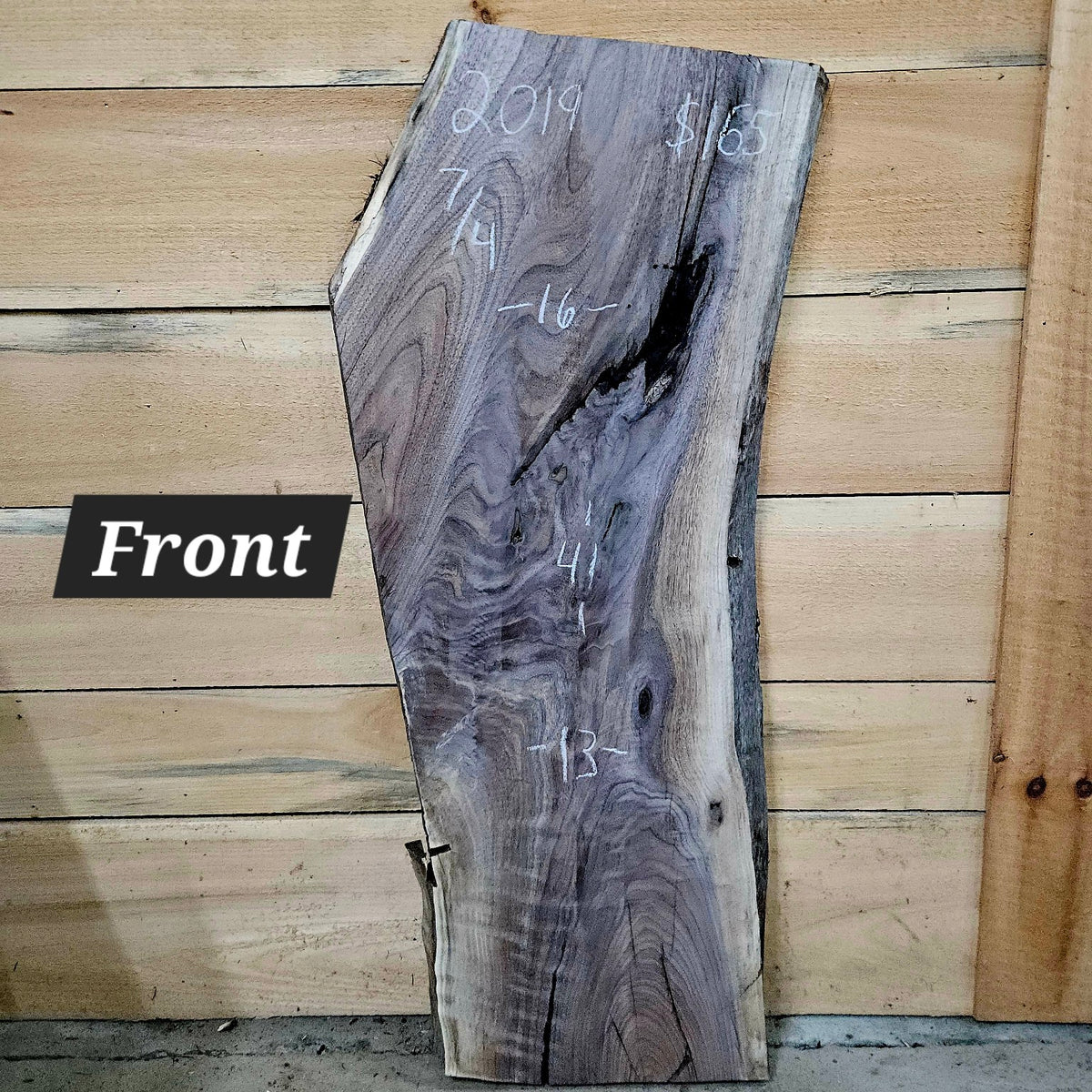 2019 Black Walnut live edge slab, 41 inches long by 13 to 16 inches wide by 7/4 inches thick