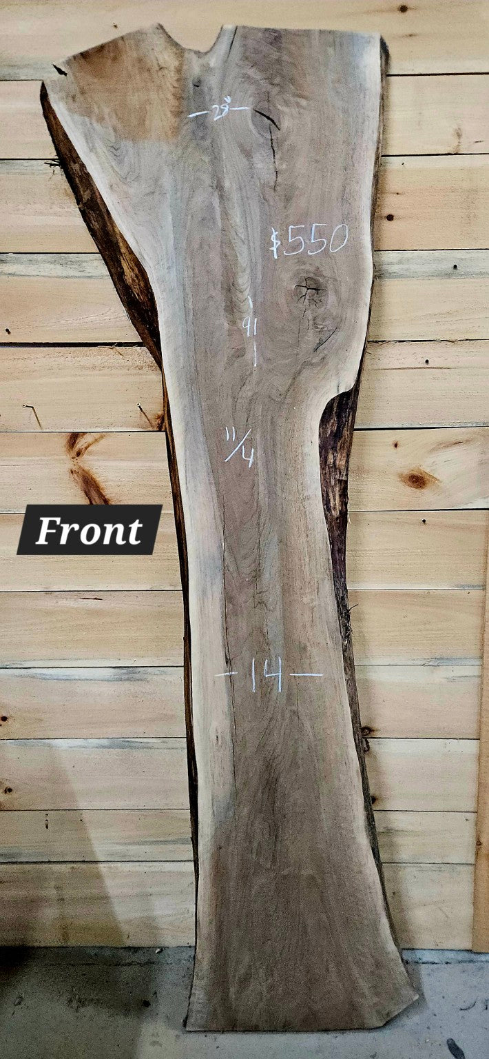 2024 Black Walnut live edge slab, 91 inches long by 14 to 28 inches wide by 11/4 inches thick