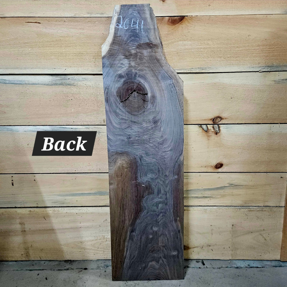 Walnut live edge slab 2041 back showing figured grain and natural knot cracks