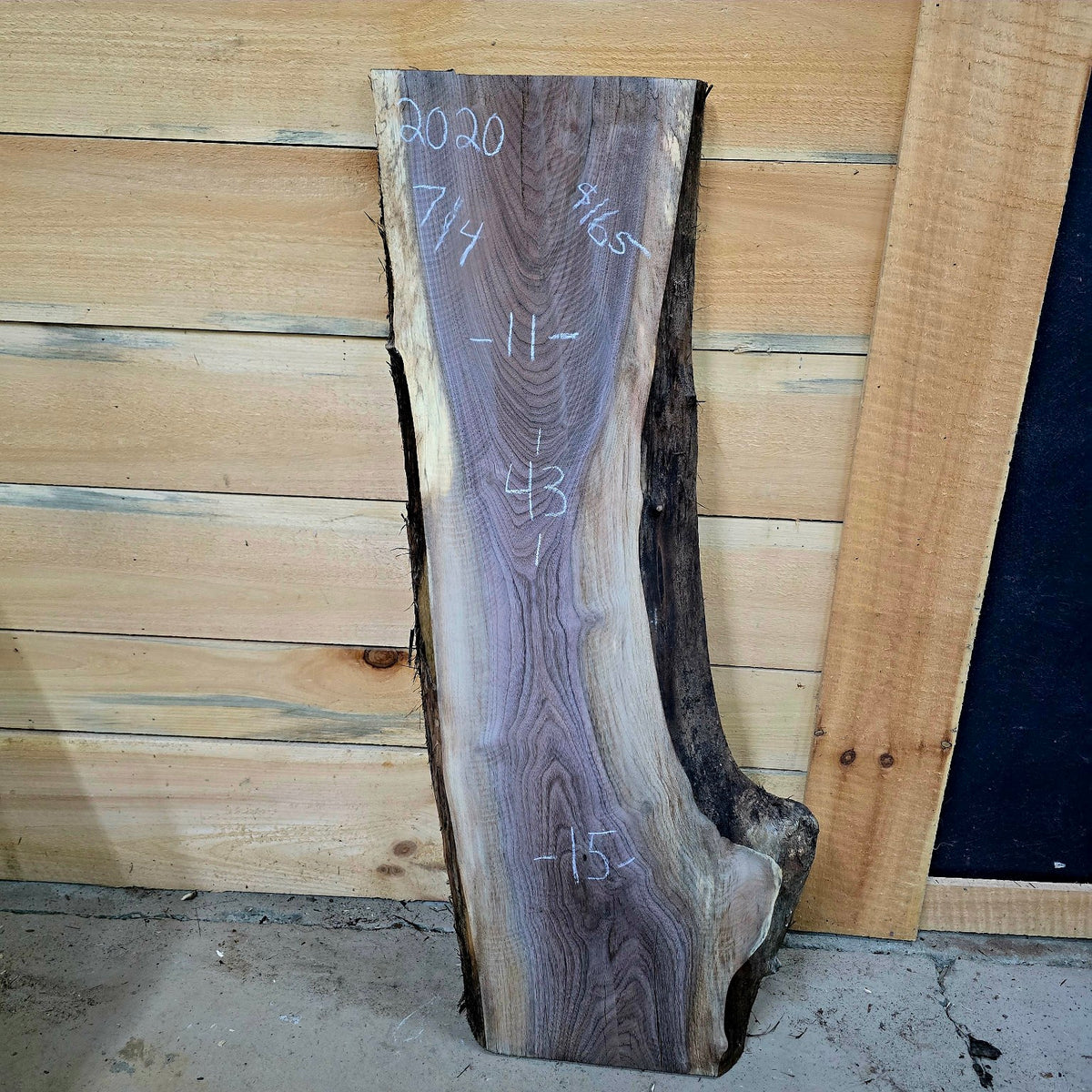 Black walnut live edge slab #2020, 43 inches long, 11 to 15 inches wide, 7/4 thick
